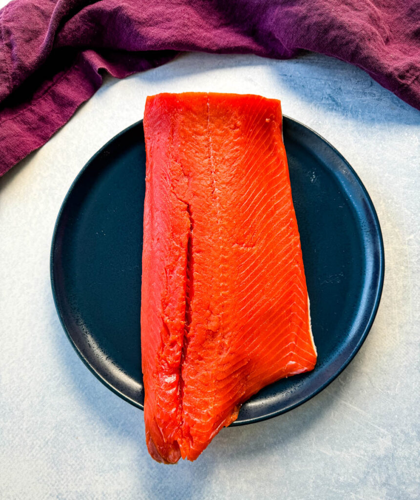 raw salmon a blue plate