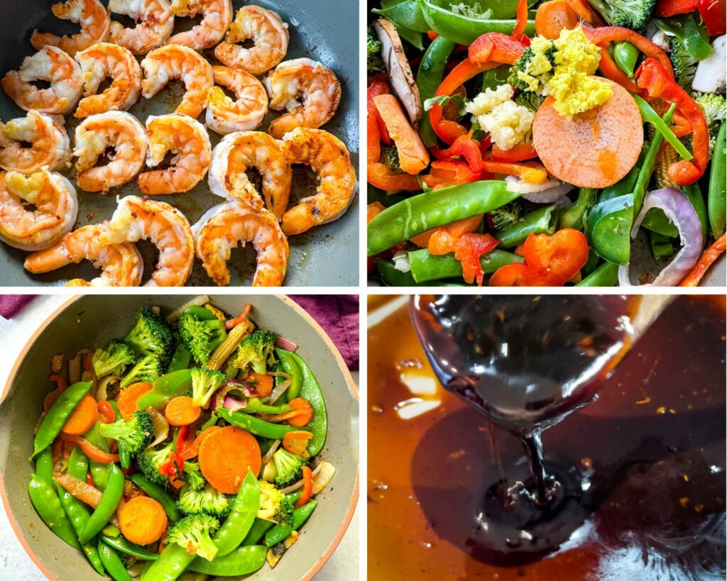 collage of 4 photos with cooked shrimp, vegetables, and stir fry sauce in a pan