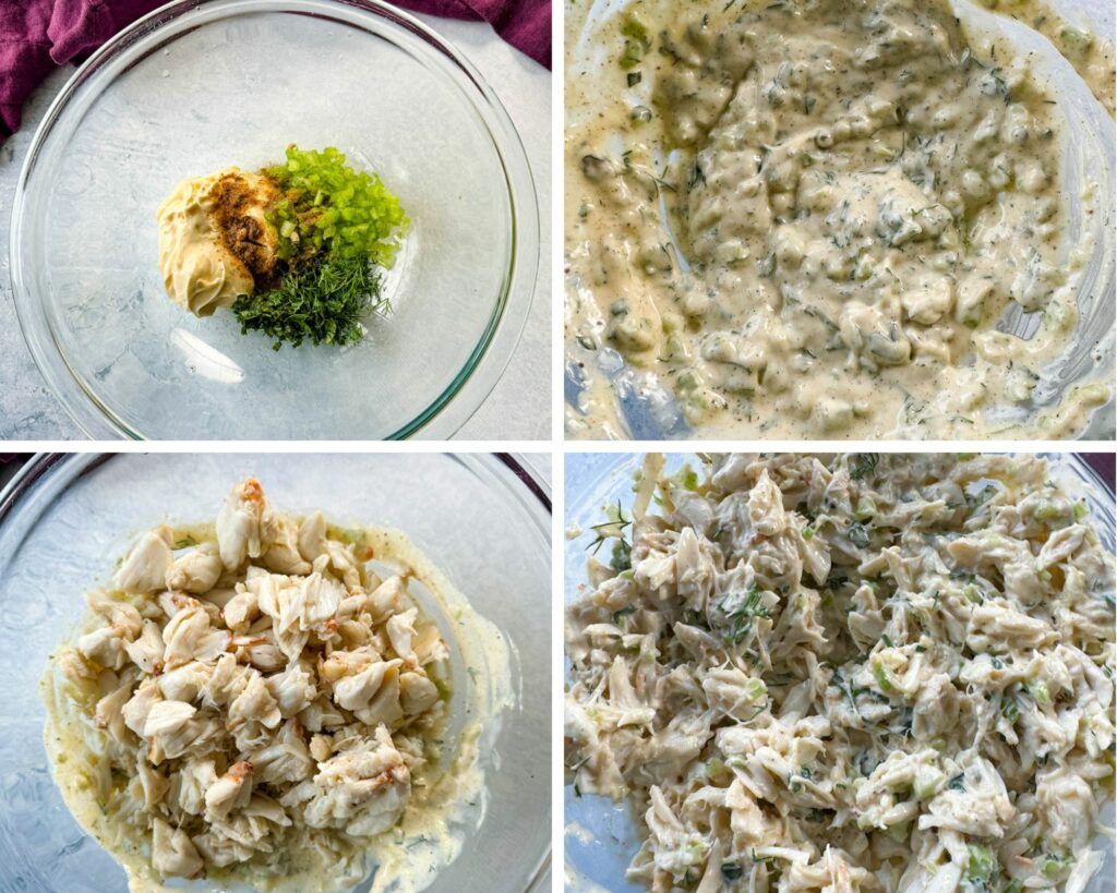 collage of 4 photos with jumbo lump crab meat, Old Bay Seasoning, celery, lemon, dill, and basil in a glass bowl